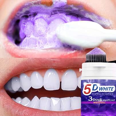 Polvo blanqueador dental morado 5D - limpieza profunda, aliento fresco, dientes más blancos cada día, uso doméstico y de viaje, cuidado dental portátil, polvo de limpieza profunda.