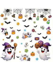 2 piezas Pegatinas lindas de fantasma y calabaza de Halloween, decoraciones de fiesta - Fáciles de aplicar y despegar sin residuos, adecuadas para decoración del hogar, aula, oficina, suministros de fiesta de Halloween, tema divertido de vacaciones, decoración de ventanas y paredes, decoración de castillo