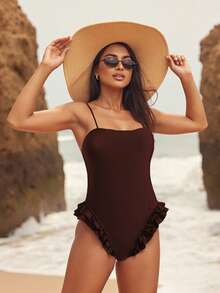 Traje de baño monokini para mujer, color sólido, tirantes finos, volantes, sin mangas, traje de baño de verano, bikini - marrón rojizo - Ver 4