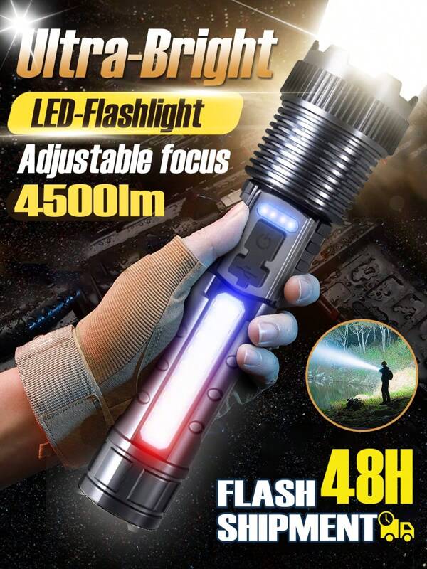 1pc Portable High Brightness Flashlight, 1200mAh Rechargeable LED Flashlight, 7 Modes, Adjustable Focus - USB Powered, Red/Blue/White Side Lights, Suitable For Camping, Fishing And Outdoor Emergencies