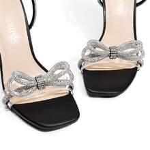 Women's Double Bowknots Crystal Sandals Clear Slingback Heels Square Toe Shoes For Party Wedding - màu đen - Xem 5