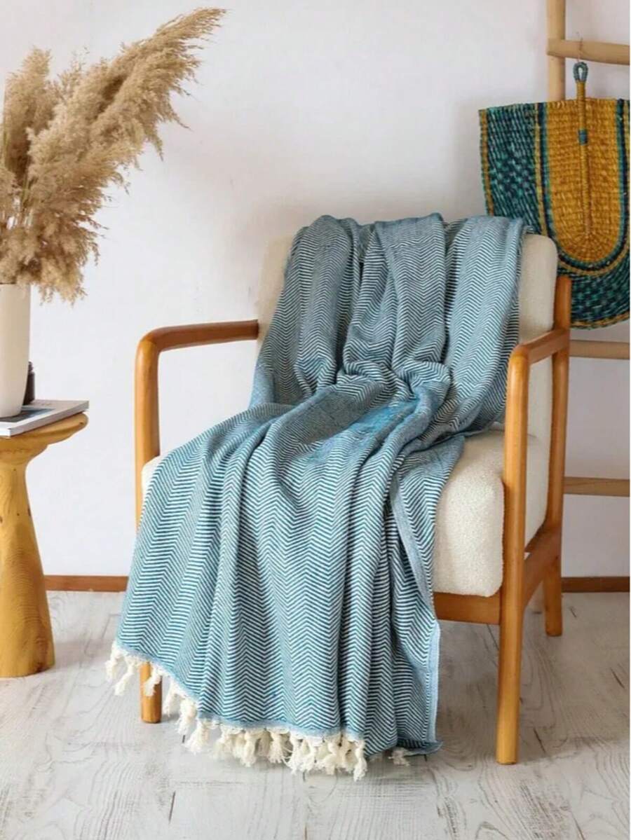 Made In Turkey – Sofa & Couch Cover | 180x210 Cm | Cotton-Polyester Blend | Striped Design - Blue - View 1