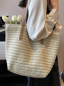 Baila Morena Straw Beach Tote Bag Women Large Faux Leather Striped Shoulder Tote Bag Hand Strap With Zipper - 杏色 - 查看 3