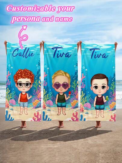 1 pieza Toalla de baño de playa y natación de gran tamaño con estampado de dibujos animados personalizado, súper suave, absorbente y de secado rápido, adecuada para viajes y vacaciones
