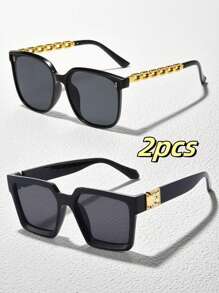 2 件/3 件女士复古方形眼镜，适合日常生活、海滩度假、户外旅行、装饰链、经典黑色、成人派对礼物、节日配饰、基本秋冬女装、商务休闲礼物、海滩配饰