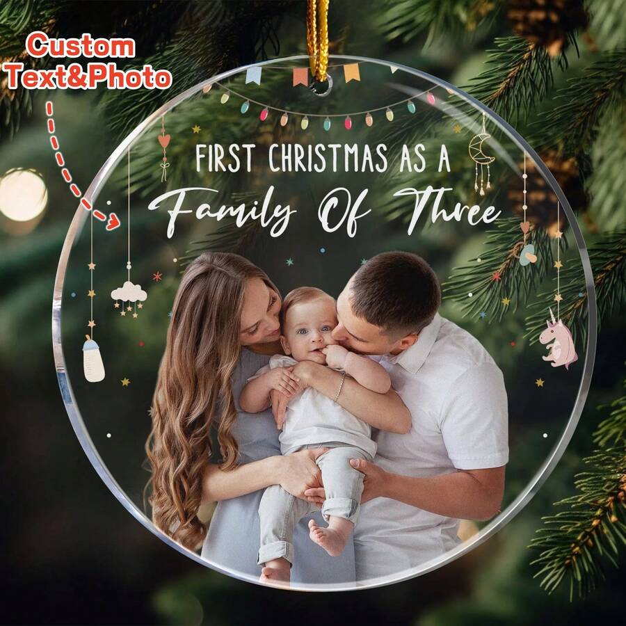 Baby First Christmas As A Family Of Three - Personalized Photo Acrylic Ornament - Multicolor - View 1