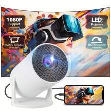 带内置扬声器的无线投影仪，WIFI 连接视频投影仪，屏幕镜像，梯形校正，兼容 1080P，支持音频、图像、视频，适用于智能手机、笔记本电脑、家庭影院和户外露营