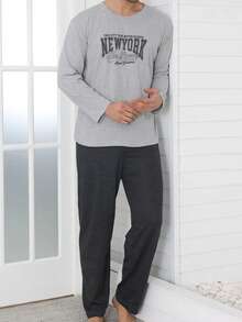 2pcs Men's Sleepwear Set, Round Neck Long Sleeve Letter Print Top, Solid Black/Gray Pants, Casual & Comfortable, Suitable For Autumn/Winter - Multicolor - View 3