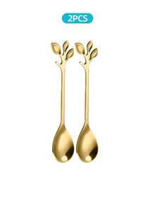 2/6/12/20pcs Stainless Steel Leaf Shaped Coffee/Dessert/Tea Spoons, School Supplies - Gold - View 10