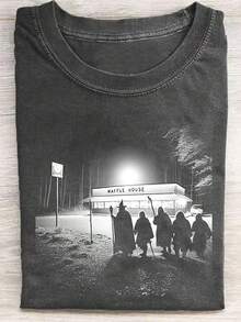 1 Piece Men's Retro Street Costume T-Shirt-230GSM Washed Cotton Loosening T-Shirt With Night Exploration Halloween Pattern Printing, All Quarter Casual Wear And Holiday Gifts, Halloween Clothes - 黑色 - 查看 1