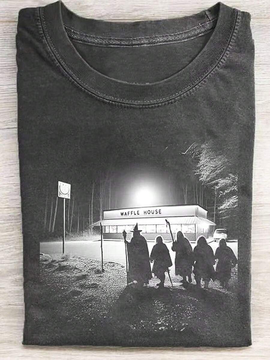 1 Piece Men's Retro Street Costume T-Shirt-230GSM Washed Cotton Loosening T-Shirt With Night Exploration Halloween Pattern Printing, All Quarter Casual Wear And Holiday Gifts, Halloween Clothes - 黑色 - 查看 1