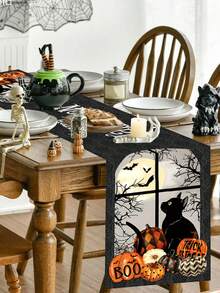1pc 35x180cm Halloween Polyester Tablecloth, Happy Halloween Black Cat Pumpkin Window Scene, Black Cat And Bat Design Under Moonlight, Suitable For Halloween Party, Home Dining Table, High-End Holiday Decorative Fabric - Multicolor - View 4