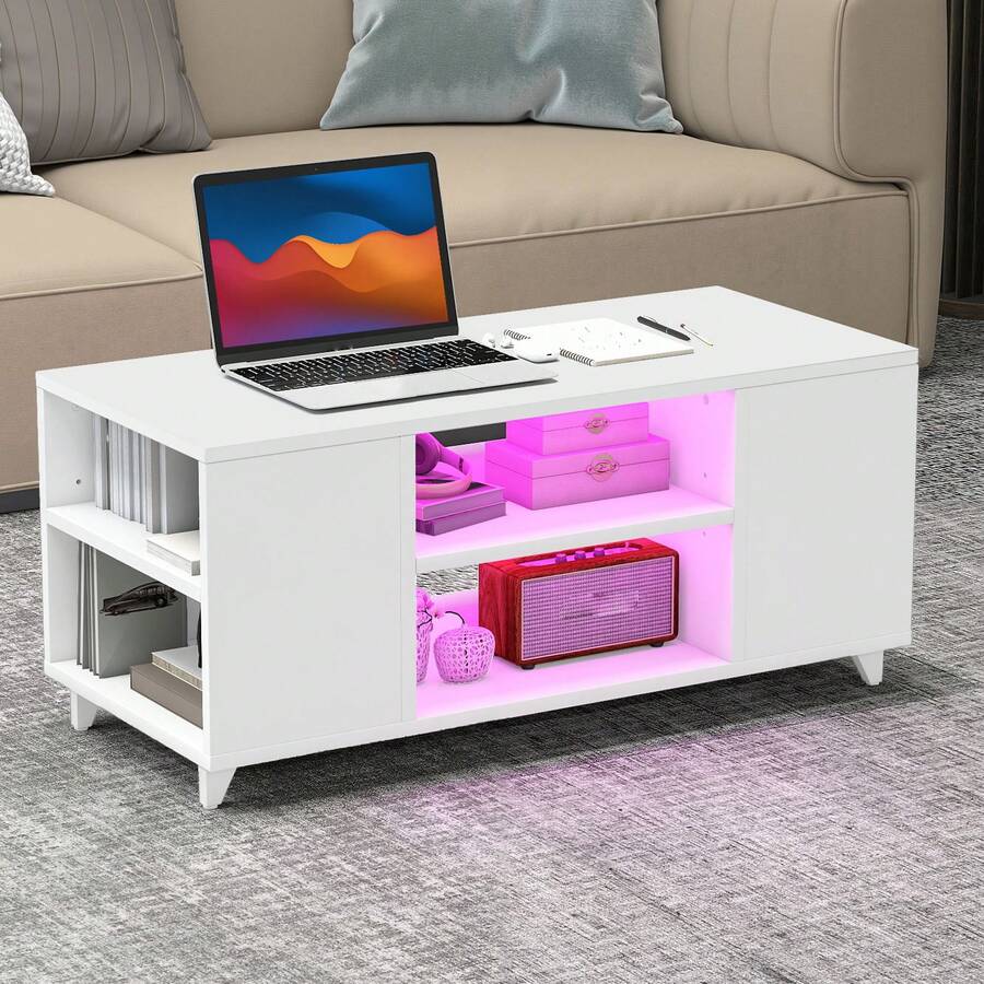 Coffee Table High Gloss With RGB LED Lights, Adjustable Storage Shelf, 97.5 X 48 X 45 Cm - White - View 1