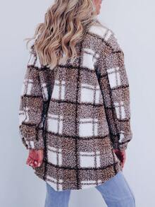 1 Pcs Polar Fleece Plaid Sherpa Jacket, Casual Lapel Long Sleeve Mocha Brown Jacket, Plaid Pattern, Slant Pockets, Teddy Bear Jacket, Non-Stretch, Lined, Front Button Open Placket, Flannel - Perfect For Winter Comfort - Mocha Brown - View 2