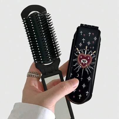 그런지 펑크 1개 콤팩트 거울이 달린 십자가 & 하트 패턴 빗, 거울이 달린 에어 쿠션 빗, 파마 빗, 접이식 마사지 콤 접이식, 휴대용, 신학기 액세서리, 여행 필수품 바디 케어, 야외, 스포츠, 사무실에 적합