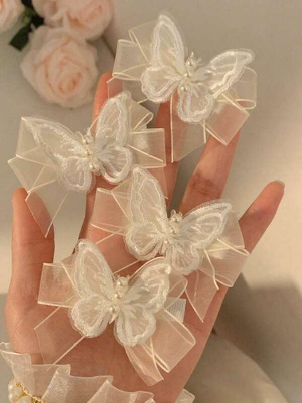 2 pièces Élégants clips à cheveux blancs en dentelle avec papillon en tissu et perles, pinces à cheveux, barrettes, accessoires pour cheveux