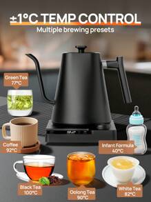 Bollitore elettrico a collo di cigno, bollitore elettrico per acqua calda, bollitore per tè con versamento, 1200 watt di riscaldamento rapido, bollitore elettrico per tè con spegnimento automatico e pulsante unico, in acciaio inossidabile, 1000ml, colore nero, per uso domestico e angolo caffè