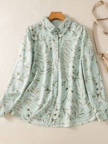 女士休闲树叶印花长袖衬衫，时尚纽扣领衬衫，适合秋、冬、春季穿着 - 淺藍色 - 查看 10