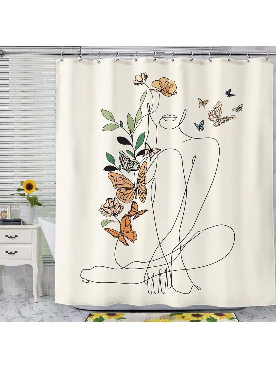 Abstract Shower Curtain With Hooks, 66x72 Inch, Waterproof Modern Minimalist Line Art Ladies Aesthetic Creative Bath Curtain