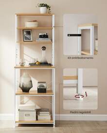 VASAGLE Scaffale da Cucina, Supporto per Forno a Microonde, Portaoggetti a 6 Ripiani con 6 Ganci per Bar, Struttura in Acciaio, Industriale, 40 x 60 x 167 cm, Colore Rovere e Bianco