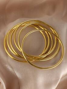 Bộ 6 vòng tay kim loại mạ vàng 18K, kiểu dáng cổ điển tối giản, chất liệu sắt, thích hợp đeo hàng ngày. - Vàng - Xem 4