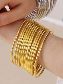 Bộ 6 vòng tay kim loại mạ vàng 18K, kiểu dáng cổ điển tối giản, chất liệu sắt, thích hợp đeo hàng ngày. - Vàng - Xem 2