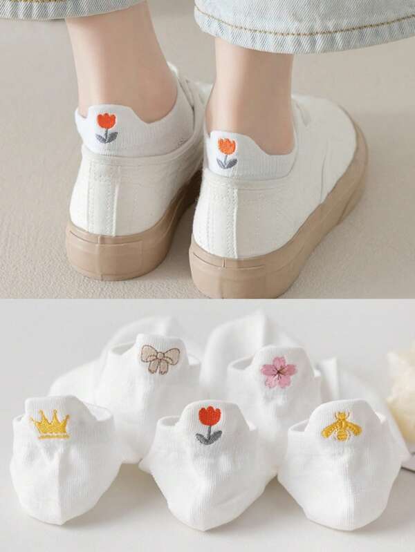 5 أزواج من الجوارب البيضاء المطرزة والمنفذة للنساء، جوارب قصيرة بتصميم التاج والقلب، جوارب قارب ضحلة يابانية بسيطة وجميلة للطلاب