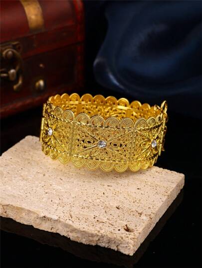 1 pieza Brazalete de mujer estilo vintage marroquí, tallado hueco con adornos de cristal, joyería de regalo para bodas y fiestas argelinas