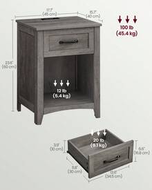 VASAGLE Mesita de noche rústica con estación de carga, mesita de noche, mesa auxiliar con cajón, compartimento abierto, para dormitorio - Tipo de Enchufe B USA (110-127V) - Ver 5