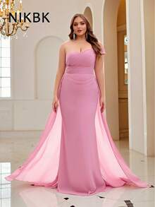 NIKBK 大码腮红粉色露肩美人鱼礼服 - 褶饰雪纺紧身胸衣，不对称飘逸雪纺拖尾，鸡心领口和拖地下摆 | 优雅正式礼服，适合晚会、婚宴、舞会和黑色领带仪式 - 粉色 - 查看 10