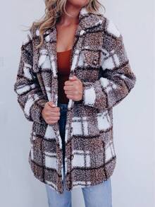 1 Pcs Polar Fleece Plaid Sherpa Jacket, Casual Lapel Long Sleeve Mocha Brown Jacket, Plaid Pattern, Slant Pockets, Teddy Bear Jacket, Non-Stretch, Lined, Front Button Open Placket, Flannel - Perfect For Winter Comfort - Mocha Brown - View 3