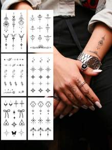 STARTTOOS 6 件黑色迷你独特图案 Y2K 手指纹身，男女通用日常、派对、节日礼物，身体装饰临时纹身，适用于手指、手腕、耳朵、肩膀、颈部、锁骨 - 黑色 - 查看 1