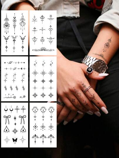 STARTTOOS 6 件黑色迷你独特图案 Y2K 手指纹身，男女通用日常、派对、节日礼物，身体装饰临时纹身，适用于手指、手腕、耳朵、肩膀、颈部、锁骨