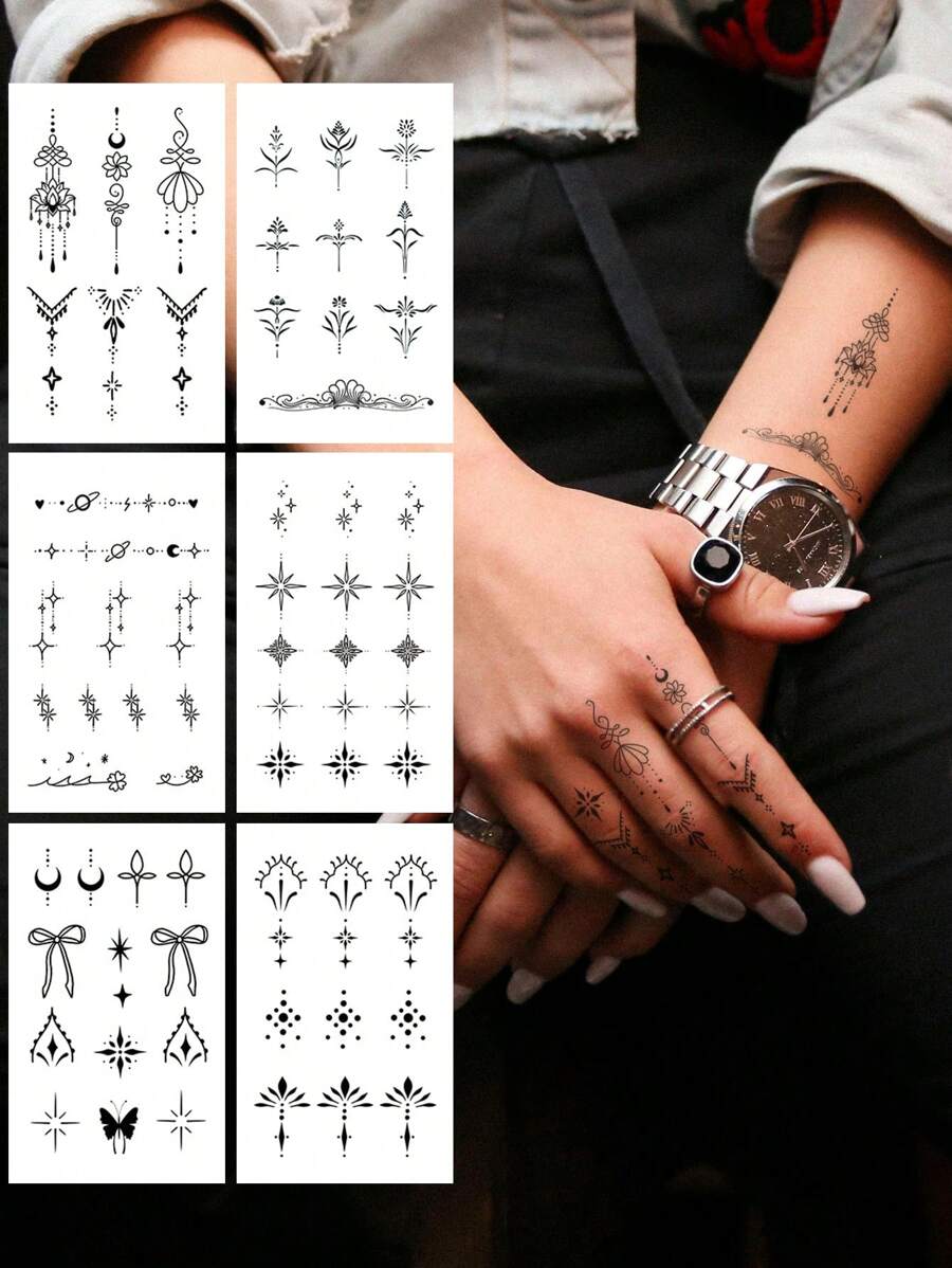 STARTTOOS 6 件黑色迷你独特图案 Y2K 手指纹身，男女通用日常、派对、节日礼物，身体装饰临时纹身，适用于手指、手腕、耳朵、肩膀、颈部、锁骨 - 黑色 - 查看 1