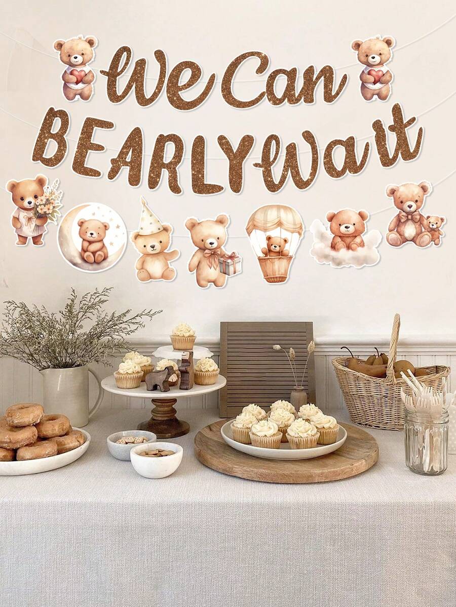 1 Set Brown Bear Baby Shower Party Decorations Hanging Banner, Cute Brown Bear Pattern Gender Reveal Party Background Decor Hanging Streamer Banner, "We Can't Wait" Decor, Baby Christening Party Decorations Banner, Newborn Welcome Party Room Hanging Decor Banner, Baby Shower Party Decorations, Baby Shower Party Favors, Gender Reveal Decorations