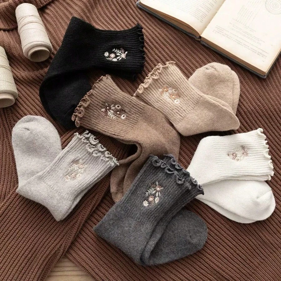 6 đôi tất len thêu hoa ấm áp (Trắng, Nâu nhạt, Xám nhạt, Đen, Xám đậm, Kaki), Tất mùa thu - Nhiều màu - Xem 1