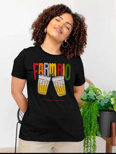 Tshirt Camiseta Feminina Estilosa Estampada FARMRio Copo Meio Cheio Lançamento Camisa 100% Algodão Camisetão Solta Oversized Plus Size