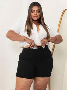 Kit 5 Women's Plus Size Shorts Tailored With Thin Belt Simple Casual FASHION - 彩色 - 查看 3