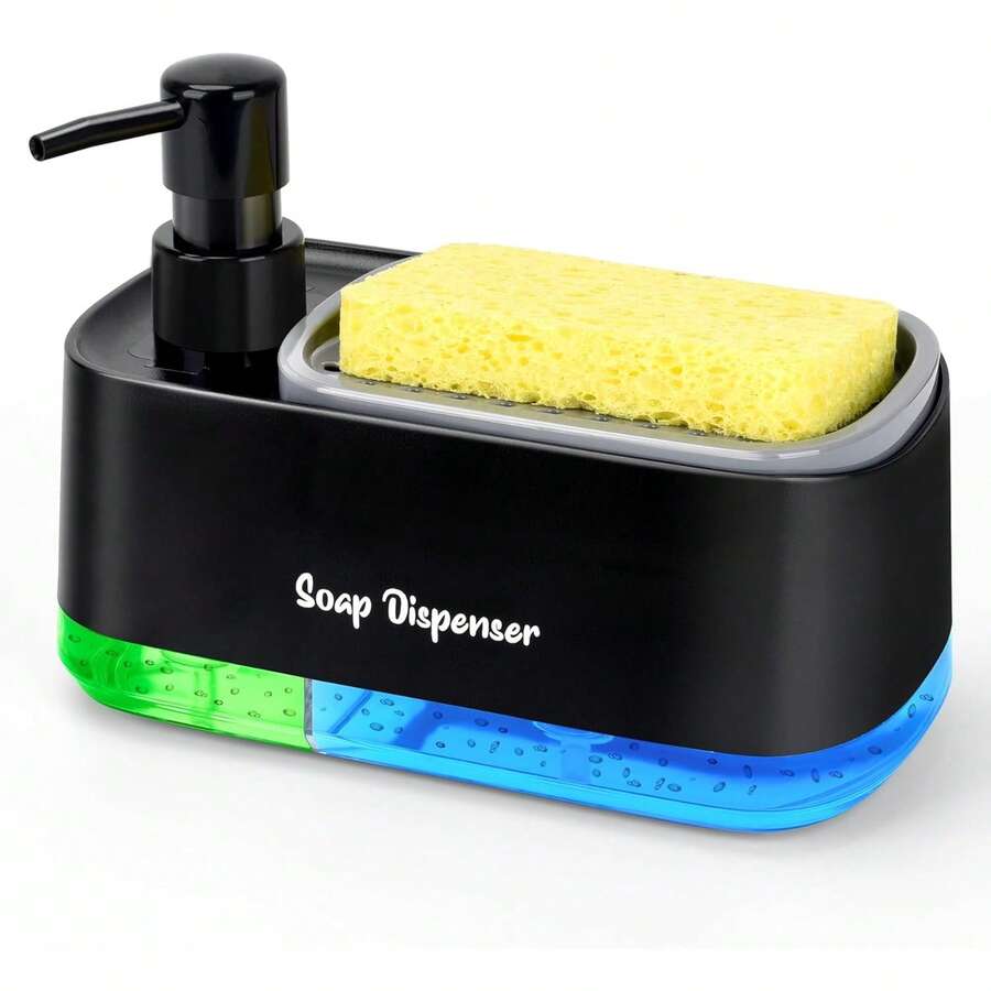 Hand And Dish Soap Dispenser Set For Kitchen, Dual Soap Dispenser With Sponge Holder, 3-In-1 Countertop Soap Pump Dispenser For Kitchen Sink, Useful Kitchen Gadgets - Black - View 1