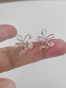 1 对简约透明花卉耳钉，甜美百搭的时尚耳环 - 白色 - 查看 2