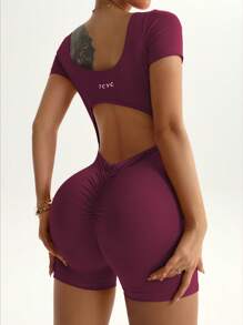 TCVC Women's Backless Short Sleeve Jumpsuit, Sexy Open Back, Seamless Knit Romper, Indoor/Outdoor Sports Yoga, Skin-Friendly Fabric, Tight-Fitting Shaping Jumpsuit Shapewear Bodysuit - Purple - View 3