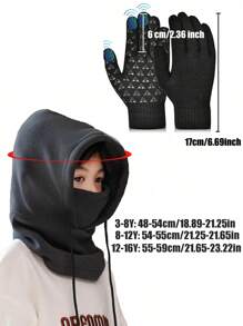 3 件套 3-8 岁/8-12 岁儿童冬季拉法帽滑雪面罩和触摸屏手套套装，黑色/灰色/酒红色/玫瑰红色，保暖可调节羊毛衬里帽子，适合男孩和女孩 - 1PC - 查看 3