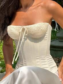 Women's Smocked Tube Tops Summer Fashionable Solid Color Off Shoulder Sleeveless Slim Fit Shirt - 香檳色 - 查看 5