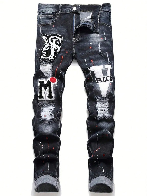 Teen Boy Fashion Distressed Applique Denim Jeans
