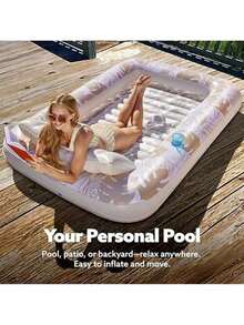 SLOOSH 充气日光浴泳池躺椅浮床，85 英寸 X 57 英寸超大成人泳池浮床，带枕头，四合一日光浴浴缸浮筏，日光浴床躺椅，适用于水上充气球坑，XL-金白色 - 彩色 - 查看 2