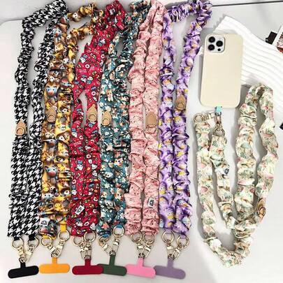카툰 주름 전화 끈, 긴 크로스바디 홀터 수제 튼튼한 주름 패브릭 전화 스트랩 금속 걸쇠 탄성 장식 체인