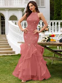 Sequin Floral Lace Contrast Mesh Backless Ruffle Hem Formal Party Maxi Dress, Elegant Ladies Party Gown, Formal Evening Dress, Ball Gown, Suitable For Wedding Guest, Graduation Ceremony, Gala Dinner And Other Occasions Spring - Dusty Pink - View 6