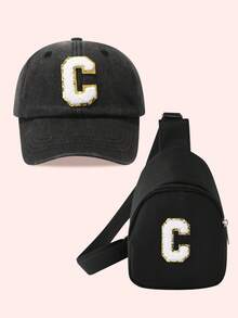 2件套儿童男童纯色26字母棒球帽和卡车帽配迷你背包套装，女童2件套轻便便携式零钱包，适合日常户外防晒