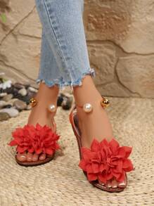 全新加大码女式舒适简约圆头莲花装饰金属珠平底拖鞋凉鞋，休闲时尚户外度假沙滩夏季鞋 - 橘紅色 - 查看 4