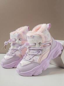 Girls' Asymmetrical Print Snow Boots, Fashion Short Boots For Winter, New Kids High-Top Thick Warm Waterproof Outdoor Snow Shoes, Big Children Girls Leather Boots